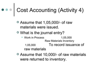 Cost Accounting (Activity 4)
 Assume that 1,05,000/- of raw
materials were issued.
 What is the journal entry?
 Work in Process 1,05,000
Raw Materials Inventory
1,05,000 To record issuance of
raw materials
 Assume that 10,000/- of raw materials
were returned to inventory.
 