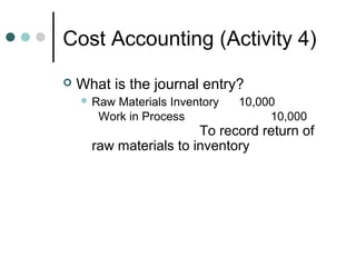 Cost Accounting (Activity 4)
 What is the journal entry?
 Raw Materials Inventory 10,000
Work in Process 10,000
To record return of
raw materials to inventory
 
