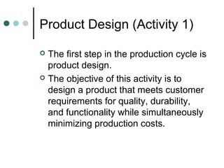 Product Design (Activity 1)
 The first step in the production cycle is
product design.
 The objective of this activity is to
design a product that meets customer
requirements for quality, durability,
and functionality while simultaneously
minimizing production costs.
 