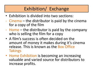 • Exhibition is divided into two sections:
- Cinema – the distributor is paid by the cinema
for a copy of the film
- Home – the distributor is paid by the company
who is selling the film for a copy
• A film’s success is often decided on the
amount of money it makes during it’s cinema
release. This is known as the Box Office
Takings
• Home Exhibition is becoming an increasing
valuable and varied source for distributors to
increase profits.
Exhibition/ Exchange
 