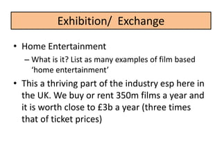 • Home Entertainment
– What is it? List as many examples of film based
‘home entertainment’
• This a thriving part of the industry esp here in
the UK. We buy or rent 350m films a year and
it is worth close to £3b a year (three times
that of ticket prices)
Exhibition/ Exchange
 