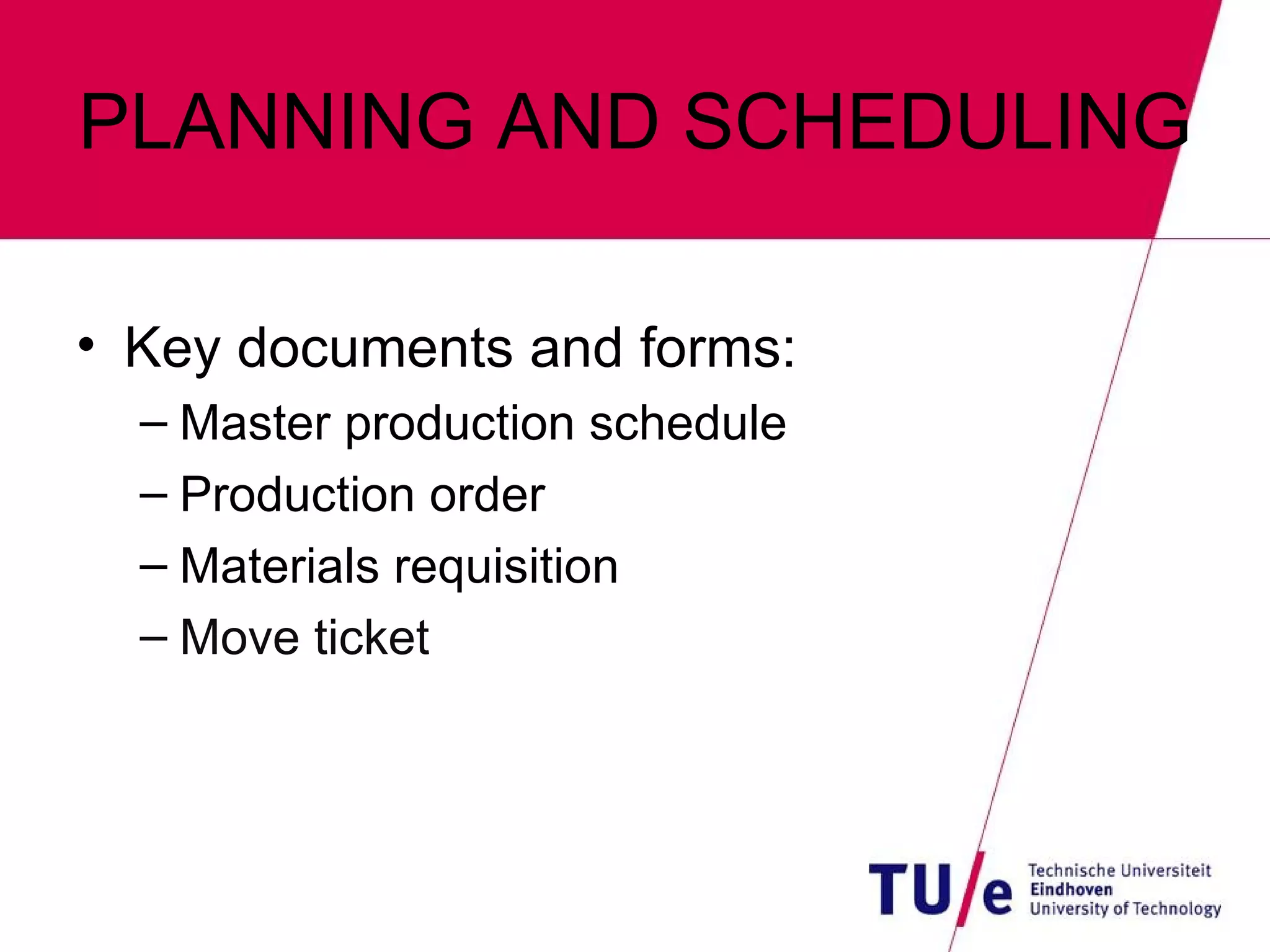 PLANNING AND SCHEDULING Key documents and forms: Master production schedule Production order Materials requisition Move ticket 
