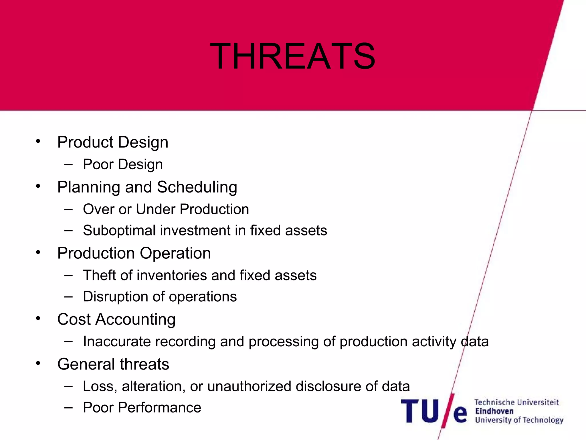 THREATS Product Design Poor Design Planning and Scheduling Over or Under Production Suboptimal investment in fixed assets Production Operation Theft of inventories and fixed assets Disruption of operations Cost Accounting Inaccurate recording and processing of production activity data General threats Loss, alteration, or unauthorized disclosure of data Poor Performance 
