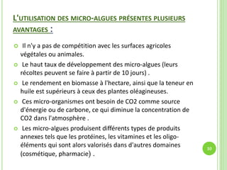 L'UTILISATION DES MICRO-ALGUES PRÉSENTES PLUSIEURS
AVANTAGES :
 Il n'y a pas de compétition avec les surfaces agricoles
végétales ou animales.
 Le haut taux de développement des micro-algues (leurs
récoltes peuvent se faire à partir de 10 jours) .
 Le rendement en biomasse à l'hectare, ainsi que la teneur en
huile est supérieurs à ceux des plantes oléagineuses.
 Ces micro-organismes ont besoin de CO2 comme source
d'énergie ou de carbone, ce qui diminue la concentration de
CO2 dans l'atmosphère .
 Les micro-algues produisent différents types de produits
annexes tels que les protéines, les vitamines et les oligo-
éléments qui sont alors valorisés dans d'autres domaines
(cosmétique, pharmacie) .
10
 