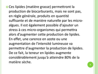  Ces lipides (matière grasse) permettront la
production de biocarburants, mais ne sont pas,
en règle générale, produits en quantité
suffisante et de manière naturelle par les micro-
algues. Il est également possible d'ajouter un
stress à ces micro-organismes qui permettra
alors d'augmenter cette production de lipides.
En effet, une carence en azote ou une
augmentation de l'intensité lumineuse va
permettre d'augmenter la production de lipides.
De ce fait, la teneur en lipides augmente
considérablement jusqu'à atteindre 80% de la
matière sèche.
8
 