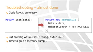 Troubleshooting – almost done
Code fix was quite easy
But how big was our JSON string? 5MB? 1GB?
Time to grab a memory dump…
return Json(data); return new JsonResult {
Data = data,
MaxJsonLength =
};
 