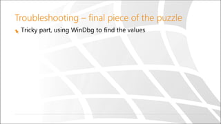 Troubleshooting – final piece of the puzzle
Tricky part, using WinDbg to find the values
 