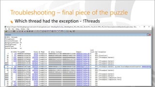 Troubleshooting – final piece of the puzzle
Which thread had the exception - !Threads
 