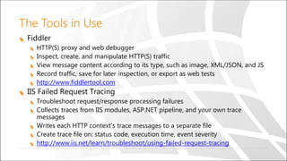 The Tools in Use
Fiddler
HTTP(S) proxy and web debugger
Inspect, create, and manipulate HTTP(S) traffic
View message content according to its type, such as image, XML/JSON, and JS
Record traffic, save for later inspection, or export as web tests
http://www.fiddlertool.com
IIS Failed Request Tracing
Troubleshoot request/response processing failures
Collects traces from IIS modules, ASP.NET pipeline, and your own trace
messages
Writes each HTTP context’s trace messages to a separate file
Create trace file on: status code, execution time, event severity
http://www.iis.net/learn/troubleshoot/using-failed-request-tracing
 