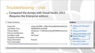 Troubleshooting - cntd
Compared the dumps with Visual Studio 2015
(Requires the Enterprise edition)
 