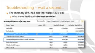 Troubleshooting – wait a second…
The memory diff. had another suspicious leak
Why are we leaking the HomeController?
 