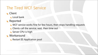 The Tired WCF Service
Client
Local bank
Reported
WCF service works fine for few hours, then stops handling requests
Clients call the service, wait, then time out
Server CPU is high
Workaround
Restart IIS Application pool
 