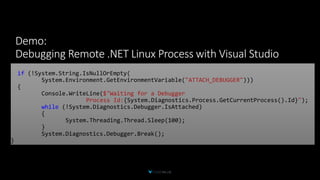 if (!System.String.IsNullOrEmpty(
System.Environment.GetEnvironmentVariable("ATTACH_DEBUGGER")))
{
Console.WriteLine($"Waiting for a Debugger
Process Id:{System.Diagnostics.Process.GetCurrentProcess().Id}");
while (!System.Diagnostics.Debugger.IsAttached)
{
System.Threading.Thread.Sleep(100);
}
System.Diagnostics.Debugger.Break();
}
 