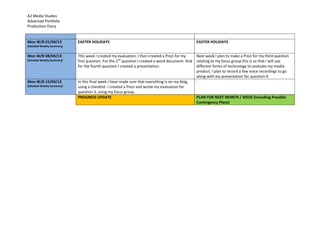 A2 Media Studies
Advanced Portfolio
Production Diary
Mon W/B 01/04/13
(Detailed Weekly Summary)
EASTER HOLIDAYS EASTER HOLIDAYS
Mon W/B 08/04/13
(Detailed Weekly Summary)
This week I created my evaluation, I then created a Prezi for my
first question. For the 2nd
question I created a word document. And
for the fourth question I created a presentation.
Next week I plan to make a Prezi for my third question
relating to my focus group this is so that I will use
different forms of technology to evaluate my media
product. I plan to record a few voice recordings to go
along with my presentation for question 4.
Mon W/B 15/04/13
(Detailed Weekly Summary)
In this final week I have made sure that everything is on my blog,
using a checklist. I created a Prezi and wrote my evaluation for
question 3, using my focus group.
-
PROGRESS UPDATE PLAN FOR NEXT MONTH / WEEK (Including Possible
Contingency Plans)
 