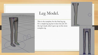Leg Model.
This is the template for the final leg rig.
It’s a simple leg rig but it does the job. It’s
the rig I made after I gave up on the more
complex rig.
 