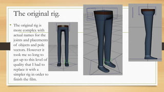 The original rig.
• The original rig is
more complex with
actual names for the
joints and placements
of objects and pole
vectors. However it
took me so long to
get up to this level of
quality that I had to
replace it with a
simpler rig in order to
finish the film.
 
