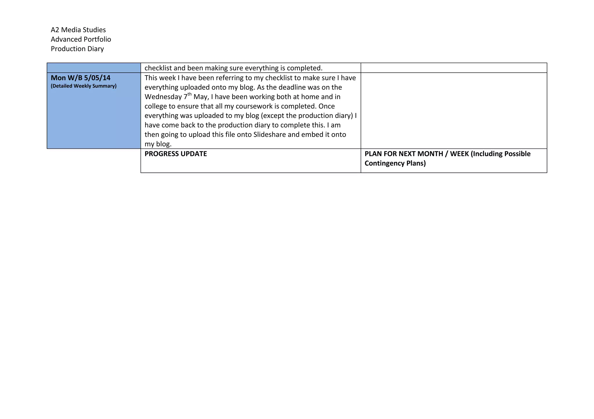 A2 Media Studies
Advanced Portfolio
Production Diary
checklist and been making sure everything is completed.
Mon W/B 5/05/14
(Detailed Weekly Summary)
This week I have been referring to my checklist to make sure I have
everything uploaded onto my blog. As the deadline was on the
Wednesday 7th
May, I have been working both at home and in
college to ensure that all my coursework is completed. Once
everything was uploaded to my blog (except the production diary) I
have come back to the production diary to complete this. I am
then going to upload this file onto Slideshare and embed it onto
my blog.
PROGRESS UPDATE PLAN FOR NEXT MONTH / WEEK (Including Possible
Contingency Plans)
 