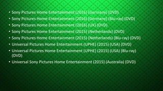 • Sony Pictures Home Entertainment (2016) (Germany) (DVD)
• Sony Pictures Home Entertainment (2016) (Germany) (Blu-ray) (DVD)
• Sony Pictures Home Entertainment (2016) (UK) (DVD)
• Sony Pictures Home Entertainment (2015) (Netherlands) (DVD)
• Sony Pictures Home Entertainment (2015) (Netherlands) (Blu-ray) (DVD)
• Universal Pictures Home Entertainment (UPHE) (2015) (USA) (DVD)
• Universal Pictures Home Entertainment (UPHE) (2015) (USA) (Blu-ray)
(DVD)
• Universal Sony Pictures Home Entertainment (2015) (Australia) (DVD)
 