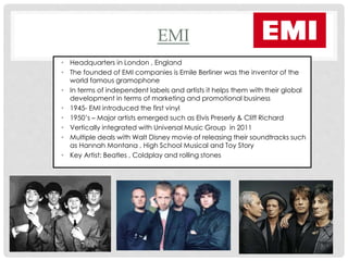 EMI
• Headquarters in London , England
• The founded of EMI companies is Emile Berliner was the inventor of the
world famous gramophone
• In terms of independent labels and artists it helps them with their global
development in terms of marketing and promotional business
• 1945- EMI introduced the first vinyl
• 1950’s – Major artists emerged such as Elvis Preserly & Cliff Richard
• Vertically integrated with Universal Music Group in 2011
• Multiple deals with Walt Disney movie of releasing their soundtracks such
as Hannah Montana , High School Musical and Toy Story
• Key Artist: Beatles , Coldplay and rolling stones
 