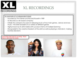 XL RECORDINGS
An example of a independent label:
• Founded by Tim Palmer and Richard Russell in 1989
• XL Records is a UK based company
• Initially this company focused on releasing music of two main genres , dance and rave
music – this later broadens to a variety of different genres
• Highly known by its artist Adele with success in terms of multiple Grammys
• Strong belief in the creative freedom of the artist as well as playing a vital role in making
business decisions
Some Of The Artist Under XL recordings : Dizzee
Rascal , MIA & Tyler The Creator
 