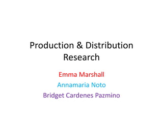 Production & Distribution
Research
Emma Marshall
Annamaria Noto
Bridget Cardenes Pazmino
 