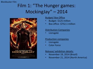 Film 1: “The Hunger games:
MockingJay” – 2014
Budget/ Box Office
• Budget- $125 million
• Box office -$752.1 million
Distribution Companies
• Lionsgate
Production companies
• Lionsgate
• Color Force
Release/ exhibition details:
• November 19, 2014 (Brazil)
• November 21, 2014 (North America)
Blockbuster Film
 
