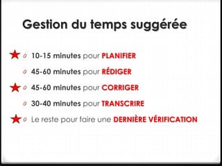 Gestion du temps suggérée
0 10-15 minutes pour PLANIFIER
0 45-60 minutes pour RÉDIGER
0 45-60 minutes pour CORRIGER
0 30-40 minutes pour TRANSCRIRE
0 Le reste pour faire une DERNIÈRE VÉRIFICATION
 