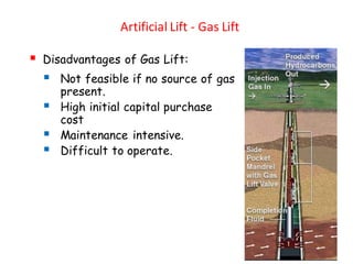 Artificial Lift - Gas Lift
▪ Disadvantages of Gas Lift:
▪ Not feasible if no source of gas
present.
▪ High initial capital purchase
cost
▪ Maintenance intensive.
▪ Difficult to operate.
 