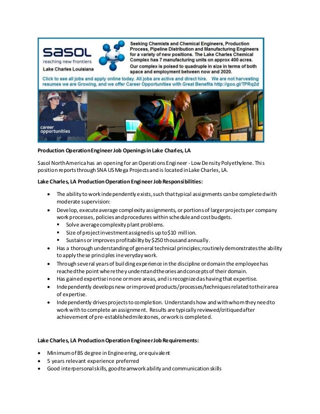 Production Engineering Jobs in Lake Charles, LA