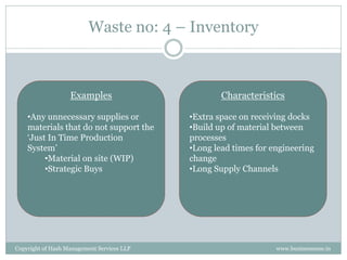 Waste no: 4 – Inventory



                   Examples                         Characteristics

    •Any unnecessary supplies or            •Extra space on receiving docks
    materials that do not support the       •Build up of material between
    ‘Just In Time Production                processes
    System’                                 •Long lead times for engineering
         •Material on site (WIP)            change
         •Strategic Buys                    •Long Supply Channels




Copyright of Hash Management Services LLP                         www.businessense.in
 