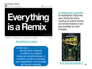 En dehors de la parodie,
                                 la réutilisation d’œuvres
                                 sous forme de remix,
                                 mashup et autres formes
                                 de transformations n’est
                                 pas possible en droit
                                 français…




Everything is a remix

 Le fair use (usage équitable)
    permet dans certaines
     conditions la création
 d’œuvres transformatives, à
 condition qu’elle ne menace
pas l’exploitation commerciale
                                  Et le droit de parodie ?
      de l’œuvre originale                                   24
 