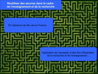 Réutiliser des œuvres dans le cadre
de l’enseignement et de la recherche




 En l’absence de fair use en France…




                              Application de l’exception à des fins d’illustration
                                   de la recherche et de l’enseignement…
 
