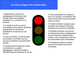 La mise en ligne et la conservation



 Reproduction de travaux                        Pour présentation en classe ou
pédagogiques illustrés par des                  lors d’un colloque, numérisation doit
extraits d’œuvres protégées                     rester temporaire et ne pas excéder
possibles sur un intranet ou un                 durée du cours
extranet
                                                 Interdit d’utiliser l’exception pour
 A condition qu’ils ne soient                  constituer des bases de données
accessibles qu’aux élèves, étudiants,           d’extraits ou d’œuvres numérisées
enseignants ou chercheurs
directement concernés par ces                    Possible d’archiver sous forme
travaux                                         numérique les travaux pédagogique
                                                sou de recherche contenant des
 Pour les thèses, la mise en ligne             extraits, mais uniquement à des fins
est possible, à condition que les               de conservation (pas d’indexation)
œuvres ou extraits ne puissent être
extraits.                                        Possible de stocker de façon
                                                pérenne les thèses sous forme
 Seulement 20 images par travail               numérique.
de recherche ou support
pédagogique, résolution limitée à
400*400 pixels et résolution de 72 dpi
 