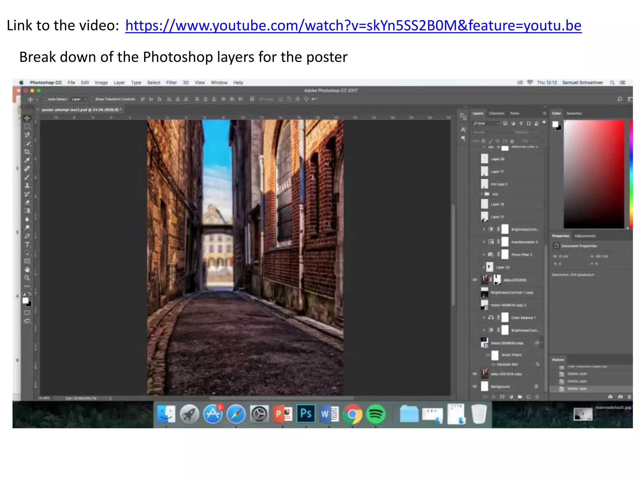 https://www.youtube.com/watch?v=skYn5SS2B0M&feature=youtu.beLink to the video:
Break down of the Photoshop layers for the poster
 