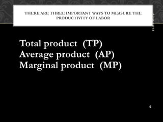 THERE ARE THREE IMPORTANT WAYS TO MEASURE THE 
PRODUCTIVITY OF LABOR 
Total product (TP) 
Average product (AP) 
Marginal product (MP) 
9 / 1 8 / 2 0 1 4 
6 
 