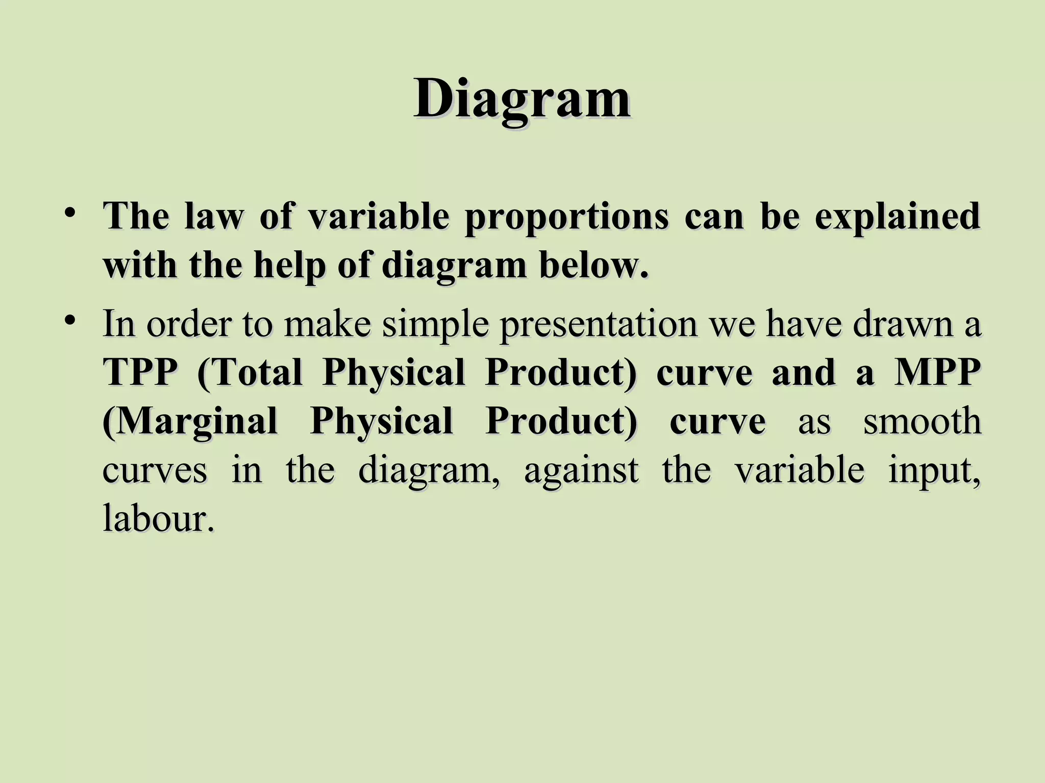 DiagramDiagram
• The law of variable proportions can be explainedThe law of variable proportions can be explained
with the help of diagram below.with the help of diagram below.
• In order to make simple presentation we have drawn aIn order to make simple presentation we have drawn a
TPP (Total Physical Product) curve and a MPPTPP (Total Physical Product) curve and a MPP
(Marginal Physical Product) curve(Marginal Physical Product) curve as smoothas smooth
curves in the diagram, against the variable input,curves in the diagram, against the variable input,
labour.labour.
 