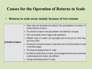 Causes for the Operation of Returns to ScaleCauses for the Operation of Returns to Scale
• Returns to scale occur mainly because of two reasonsReturns to scale occur mainly because of two reasons
 