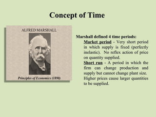 Concept of TimeConcept of Time
Marshall defined 4 time periods:Marshall defined 4 time periods:
Market periodMarket period - Very short period - Very short period 
in  which  supply  is  fixed  (perfectly in  which  supply  is  fixed  (perfectly 
inelastic).  No reflex action of price inelastic).  No reflex action of price 
on quantity supplied.on quantity supplied.
Short runShort run -  A  period  in  which  the -  A  period  in  which  the 
firm  can  change  production  and firm  can  change  production  and 
supply but cannot change plant size.  supply but cannot change plant size.  
Higher prices cause larger quantities Higher prices cause larger quantities 
to be supplied.to be supplied.
 