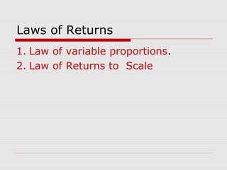 Laws of Returns
1. Law of variable proportions.
2. Law of Returns to Scale
 