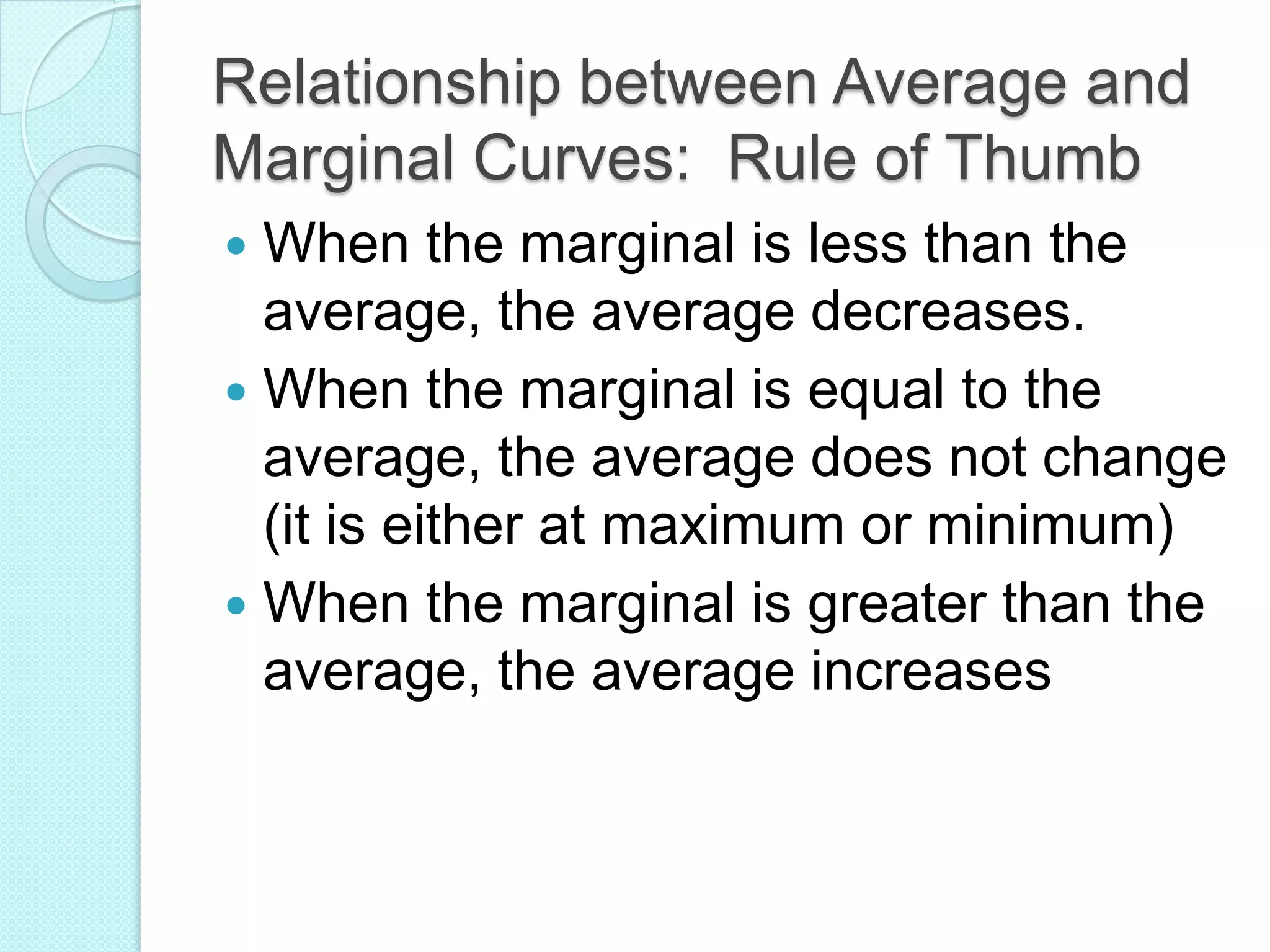 Relationship between Average and
Marginal Curves: Rule of Thumb
When the marginal is less than the
average, the average decreases.
 When the marginal is equal to the
average, the average does not change
(it is either at maximum or minimum)
 When the marginal is greater than the
average, the average increases


 