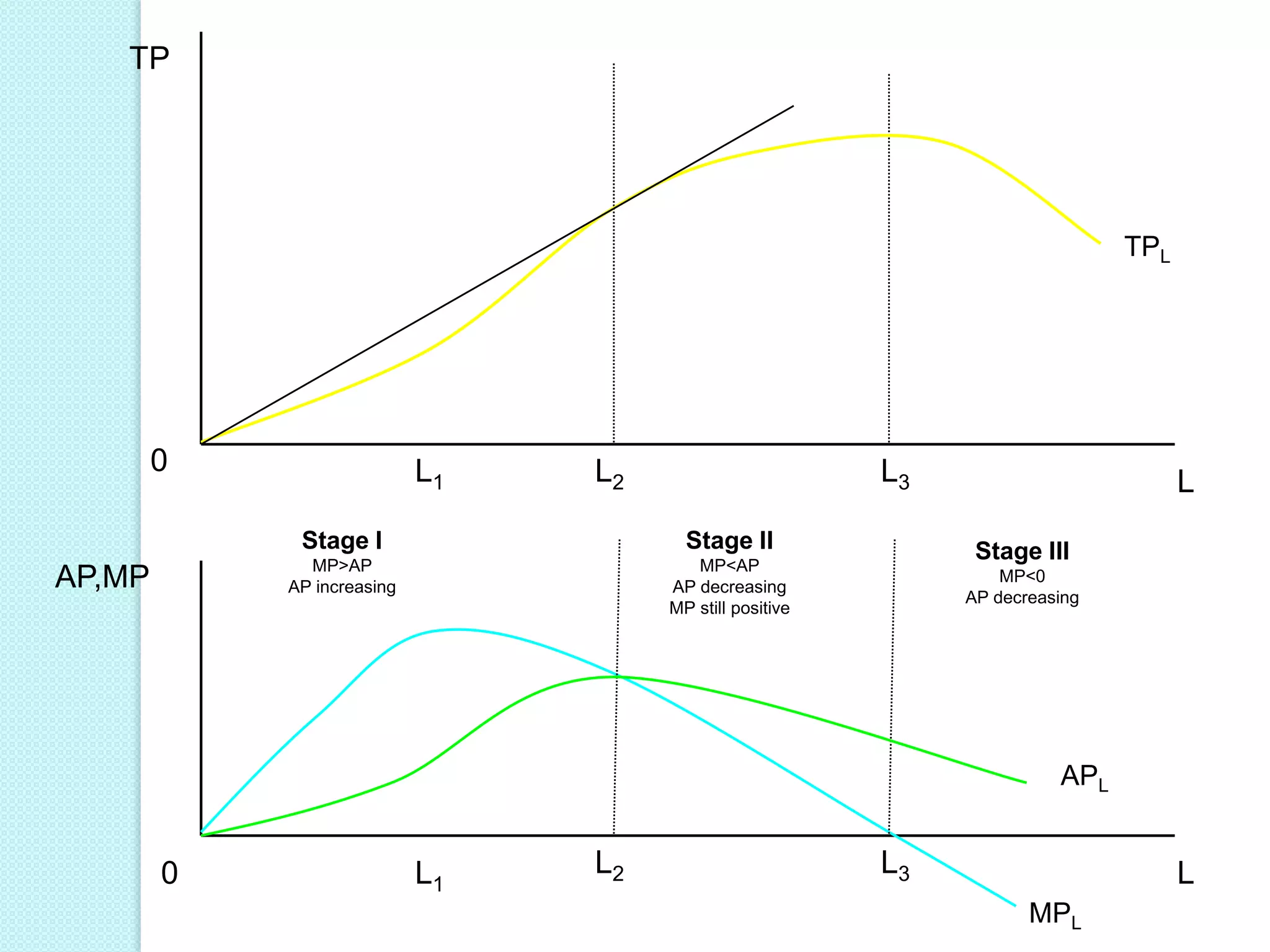 TP

TPL

0

L1

L2

L3

Stage I
MP>AP
AP increasing

AP,MP

Stage II
MP<AP
AP decreasing
MP still positive

L
Stage III
MP<0
AP decreasing

APL

0

L1

L2

L3

L
MPL

 