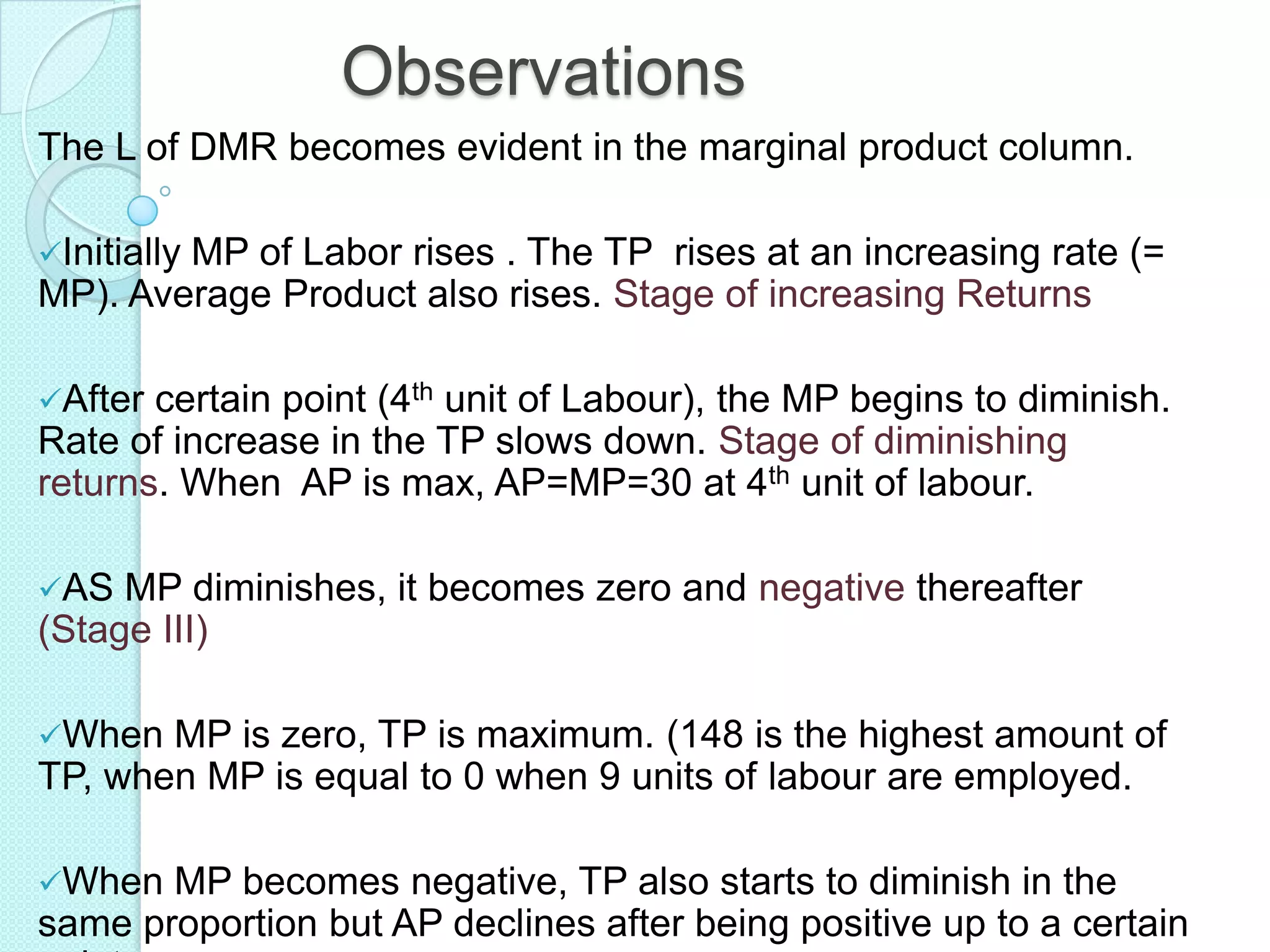 Observations
The L of DMR becomes evident in the marginal product column.
Initially

MP of Labor rises . The TP rises at an increasing rate (=
MP). Average Product also rises. Stage of increasing Returns
certain point (4th unit of Labour), the MP begins to diminish.
Rate of increase in the TP slows down. Stage of diminishing
returns. When AP is max, AP=MP=30 at 4th unit of labour.
After

AS

MP diminishes, it becomes zero and negative thereafter
(Stage III)
When

MP is zero, TP is maximum. (148 is the highest amount of
TP, when MP is equal to 0 when 9 units of labour are employed.
When

MP becomes negative, TP also starts to diminish in the
same proportion but AP declines after being positive up to a certain

 