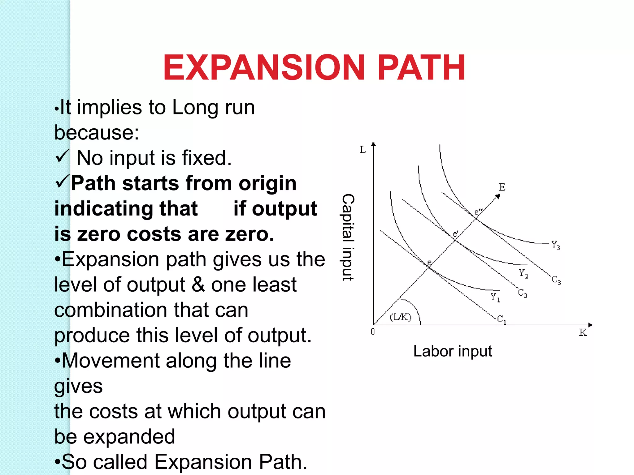 EXPANSION PATH
•It

Capital input

implies to Long run
because:
 No input is fixed.
Path starts from origin
indicating that
if output
is zero costs are zero.
•Expansion path gives us the
level of output & one least
combination that can
produce this level of output.
•Movement along the line
gives
the costs at which output can
be expanded
•So called Expansion Path.

Labor input

 