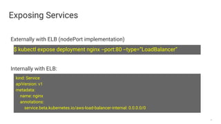 31
Exposing Services
$ kubectl expose deployment nginx --port:80 --type=”LoadBalancer”
kind: Service
apiVersion: v1
metadata:
name: nginx
annotations:
service.beta.kubernetes.io/aws-load-balancer-internal: 0.0.0.0/0
Externally with ELB (nodePort implementation)
Internally with ELB:
 