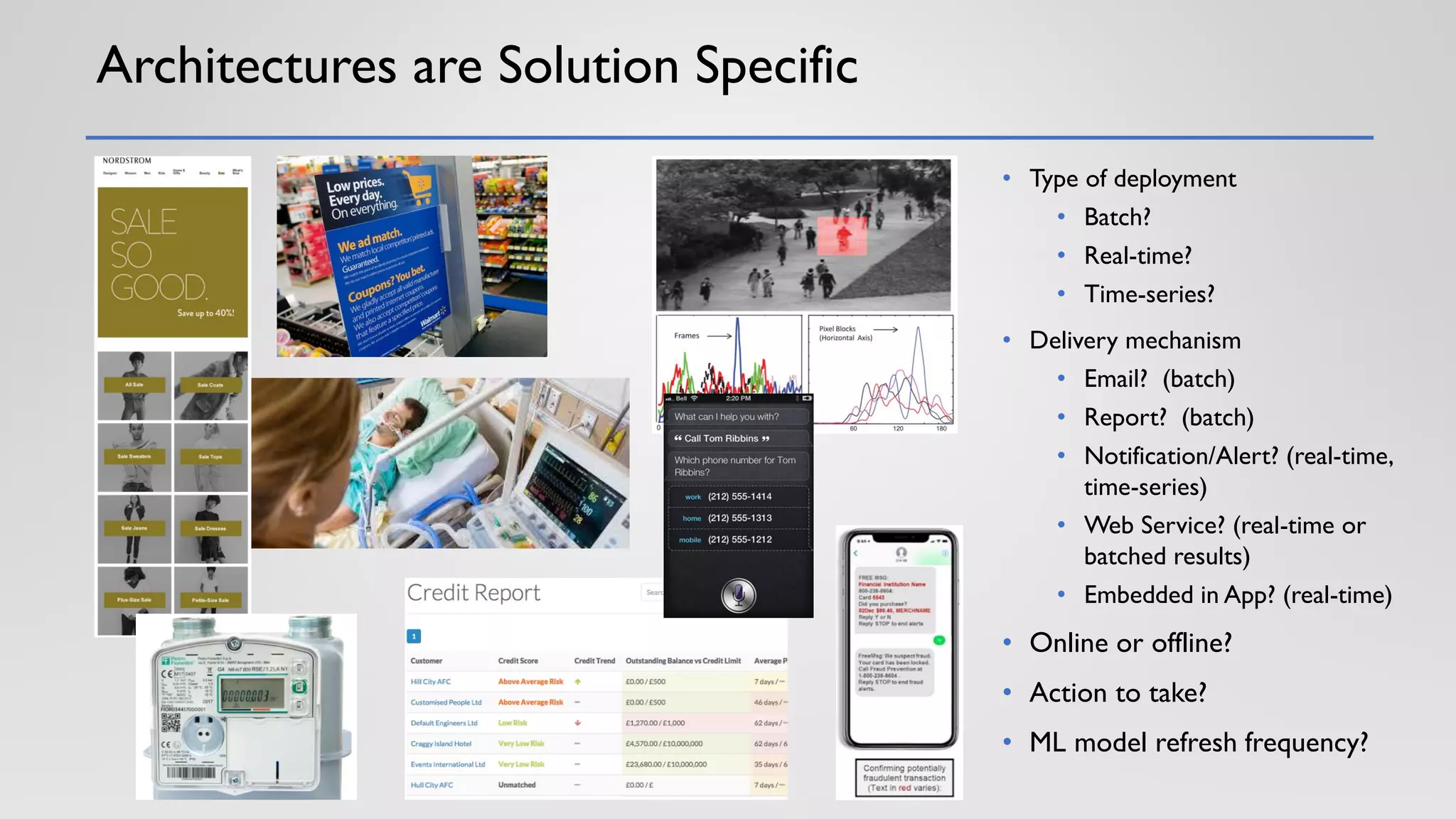 Architectures are Solution Specific
• Type of deployment
• Batch?
• Real-time?
• Time-series?
• Delivery mechanism
• Email? (batch)
• Report? (batch)
• Notification/Alert? (real-time,
time-series)
• Web Service? (real-time or
batched results)
• Embedded in App? (real-time)
• Online or offline?
• Action to take?
• ML model refresh frequency?
 