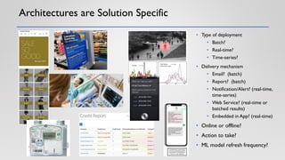 Architectures are Solution Specific
• Type of deployment
• Batch?
• Real-time?
• Time-series?
• Delivery mechanism
• Email? (batch)
• Report? (batch)
• Notification/Alert? (real-time,
time-series)
• Web Service? (real-time or
batched results)
• Embedded in App? (real-time)
• Online or offline?
• Action to take?
• ML model refresh frequency?
 