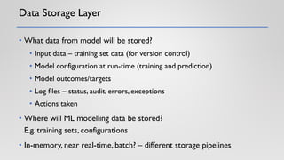 Data Storage Layer
• What data from model will be stored?
• Input data – training set data (for version control)
• Model configuration at run-time (training and prediction)
• Model outcomes/targets
• Log files – status, audit, errors, exceptions
• Actions taken
• Where will ML modelling data be stored?
E.g. training sets, configurations
• In-memory, near real-time, batch? – different storage pipelines
 