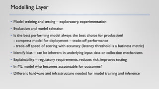 Modelling Layer
• Model training and testing – exploratory, experimentation
• Evaluation and model selection
• Is the best performing model always the best choice for production?
- compress model for deployment – trade-off performance
- trade-off speed of scoring with accuracy (latency threshold is a business metric)
• Identify bias – can be inherent in underlying input data or collection mechanisms
• Explainability – regulatory requirements, reduces risk, improves testing
• In ML model who becomes accountable for outcomes?
• Different hardware and infrastructure needed for model training and inference
 