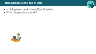 Data Science at the end of 2016
• ~13 Engineers and 1 (me!) Data Scientist
• What happens to my work?
 