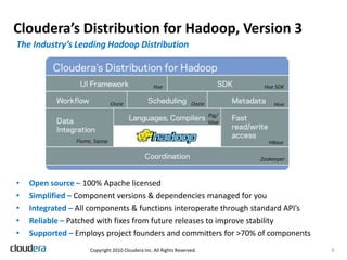 Cloudera’s Distribution for Hadoop, Version 3The Industry’s Leading Hadoop DistributionHueHue SDKOozieOozieHivePig/HiveFlume, SqoopHBaseZookeeperOpen source – 100% Apache licensed
